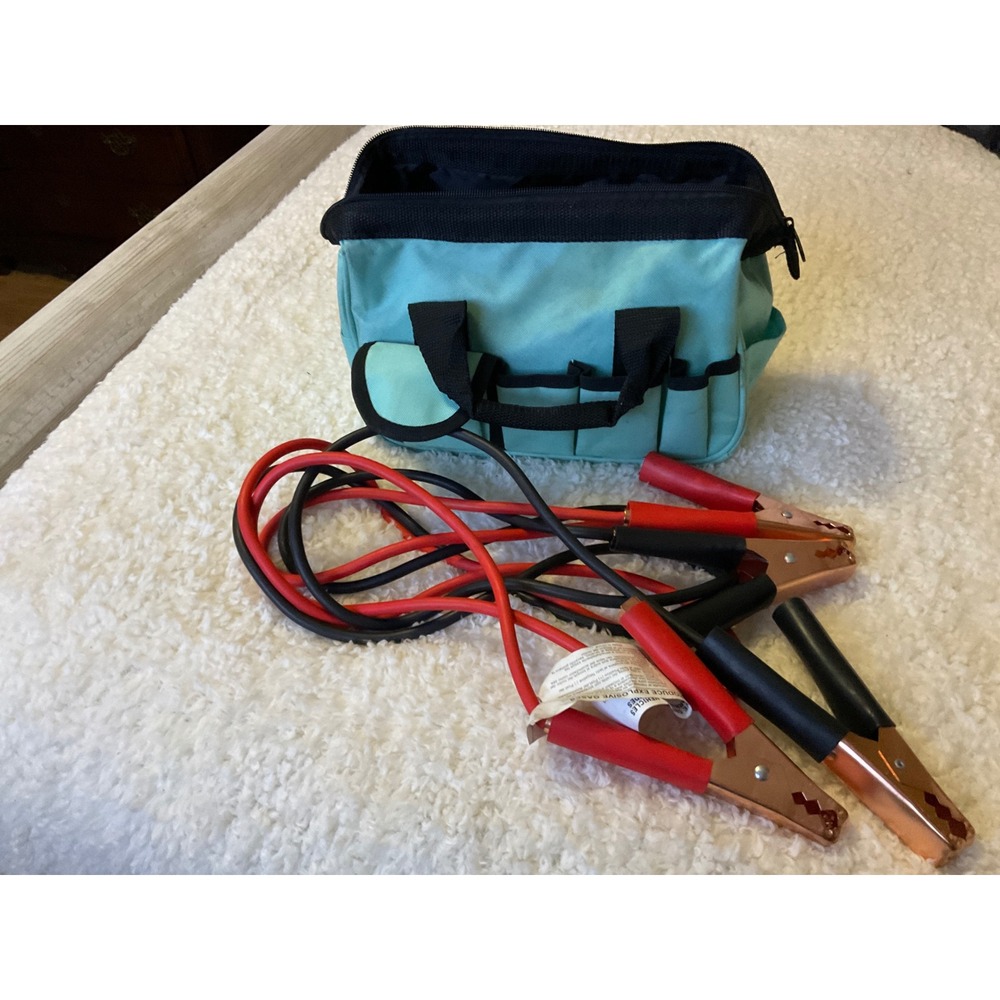 Heavy Duty Automotive Jumper Cables with Teal Multi-Pocket Zippered Tool Bag